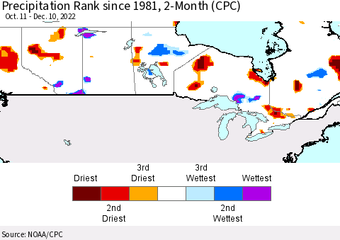 Canada Precipitation Rank since 1981, 2-Month (CPC) Thematic Map For 10/11/2022 - 12/10/2022