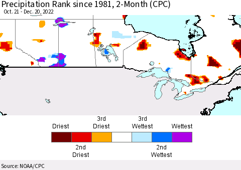Canada Precipitation Rank since 1981, 2-Month (CPC) Thematic Map For 10/21/2022 - 12/20/2022