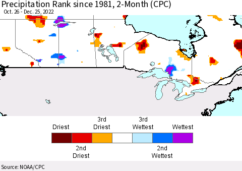 Canada Precipitation Rank since 1981, 2-Month (CPC) Thematic Map For 10/26/2022 - 12/25/2022