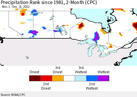 Canada Precipitation Rank since 1981, 2-Month (CPC) Thematic Map For 11/1/2022 - 12/31/2022