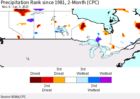 Canada Precipitation Rank since 1981, 2-Month (CPC) Thematic Map For 11/6/2022 - 1/5/2023