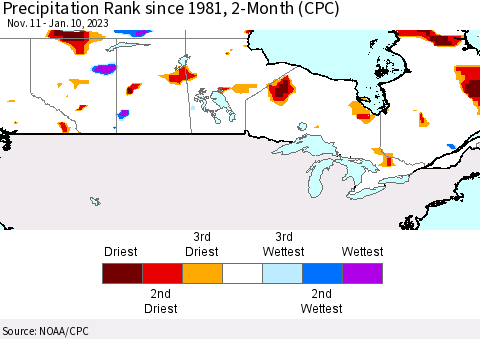 Canada Precipitation Rank since 1981, 2-Month (CPC) Thematic Map For 11/11/2022 - 1/10/2023