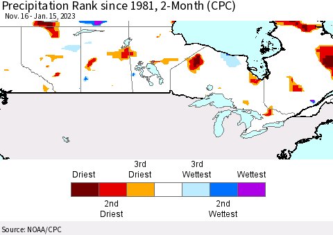 Canada Precipitation Rank since 1981, 2-Month (CPC) Thematic Map For 11/16/2022 - 1/15/2023