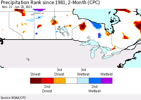 Canada Precipitation Rank since 1981, 2-Month (CPC) Thematic Map For 11/21/2022 - 1/20/2023