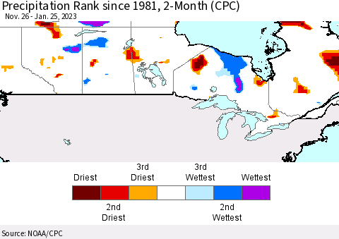 Canada Precipitation Rank since 1981, 2-Month (CPC) Thematic Map For 11/26/2022 - 1/25/2023