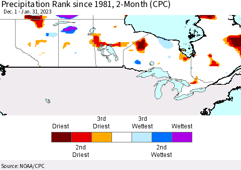 Canada Precipitation Rank since 1981, 2-Month (CPC) Thematic Map For 12/1/2022 - 1/31/2023