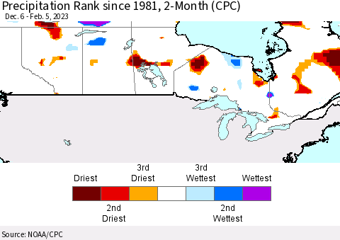 Canada Precipitation Rank since 1981, 2-Month (CPC) Thematic Map For 12/6/2022 - 2/5/2023
