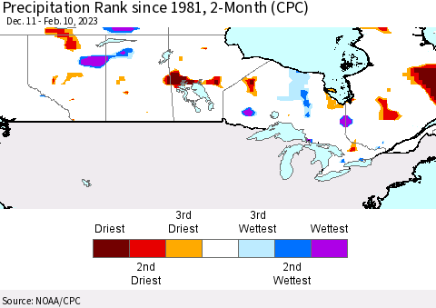 Canada Precipitation Rank since 1981, 2-Month (CPC) Thematic Map For 12/11/2022 - 2/10/2023