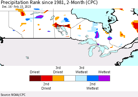 Canada Precipitation Rank since 1981, 2-Month (CPC) Thematic Map For 12/16/2022 - 2/15/2023