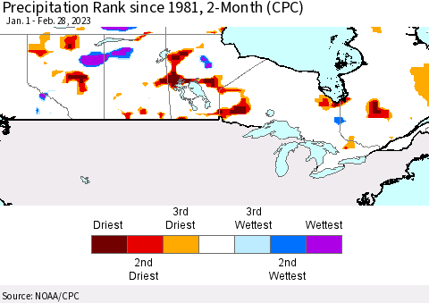 Canada Precipitation Rank since 1981, 2-Month (CPC) Thematic Map For 1/1/2023 - 2/28/2023