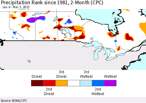 Canada Precipitation Rank since 1981, 2-Month (CPC) Thematic Map For 1/6/2023 - 3/5/2023