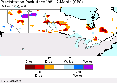 Canada Precipitation Rank since 1981, 2-Month (CPC) Thematic Map For 1/11/2023 - 3/10/2023