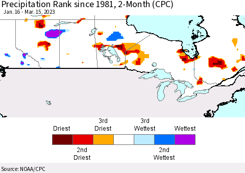 Canada Precipitation Rank since 1981, 2-Month (CPC) Thematic Map For 1/16/2023 - 3/15/2023
