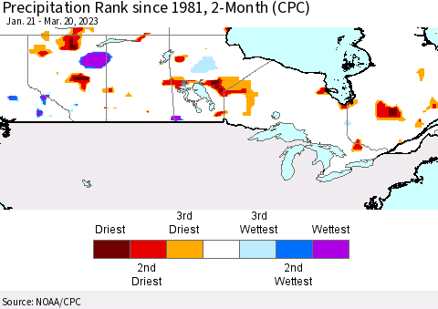 Canada Precipitation Rank since 1981, 2-Month (CPC) Thematic Map For 1/21/2023 - 3/20/2023