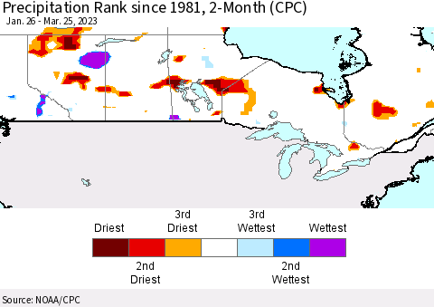 Canada Precipitation Rank since 1981, 2-Month (CPC) Thematic Map For 1/26/2023 - 3/25/2023