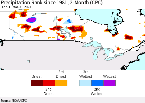 Canada Precipitation Rank since 1981, 2-Month (CPC) Thematic Map For 2/1/2023 - 3/31/2023