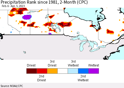 Canada Precipitation Rank since 1981, 2-Month (CPC) Thematic Map For 2/6/2023 - 4/5/2023