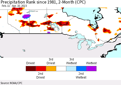 Canada Precipitation Rank since 1981, 2-Month (CPC) Thematic Map For 2/11/2023 - 4/10/2023