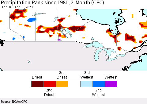 Canada Precipitation Rank since 1981, 2-Month (CPC) Thematic Map For 2/16/2023 - 4/15/2023
