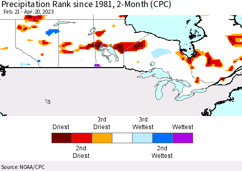 Canada Precipitation Rank since 1981, 2-Month (CPC) Thematic Map For 2/21/2023 - 4/20/2023