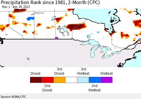 Canada Precipitation Rank since 1981, 2-Month (CPC) Thematic Map For 3/1/2023 - 4/30/2023