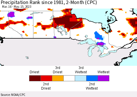 Canada Precipitation Rank since 1981, 2-Month (CPC) Thematic Map For 3/16/2023 - 5/15/2023