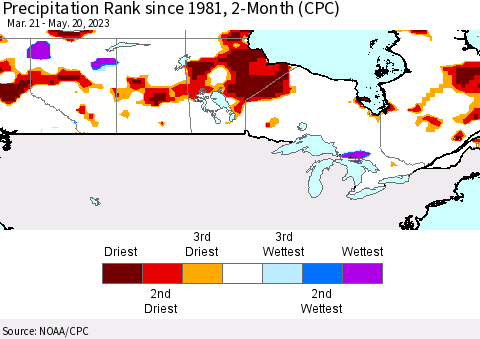Canada Precipitation Rank since 1981, 2-Month (CPC) Thematic Map For 3/21/2023 - 5/20/2023