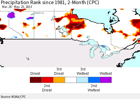 Canada Precipitation Rank since 1981, 2-Month (CPC) Thematic Map For 3/26/2023 - 5/25/2023