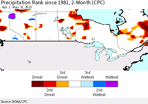 Canada Precipitation Rank since 1981, 2-Month (CPC) Thematic Map For 4/1/2023 - 5/31/2023