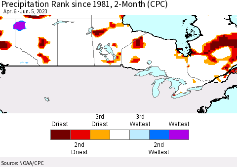 Canada Precipitation Rank since 1981, 2-Month (CPC) Thematic Map For 4/6/2023 - 6/5/2023