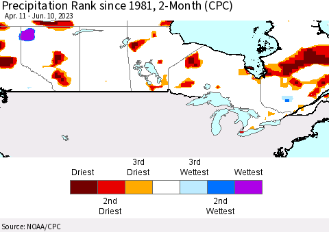 Canada Precipitation Rank since 1981, 2-Month (CPC) Thematic Map For 4/11/2023 - 6/10/2023