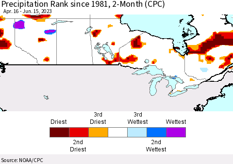 Canada Precipitation Rank since 1981, 2-Month (CPC) Thematic Map For 4/16/2023 - 6/15/2023