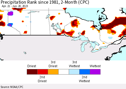 Canada Precipitation Rank since 1981, 2-Month (CPC) Thematic Map For 4/21/2023 - 6/20/2023