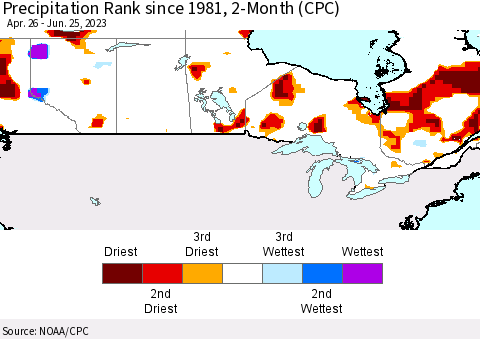 Canada Precipitation Rank since 1981, 2-Month (CPC) Thematic Map For 4/26/2023 - 6/25/2023