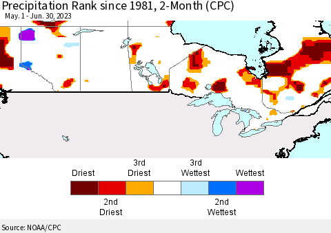 Canada Precipitation Rank since 1981, 2-Month (CPC) Thematic Map For 5/1/2023 - 6/30/2023