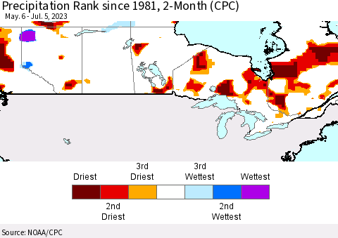 Canada Precipitation Rank since 1981, 2-Month (CPC) Thematic Map For 5/6/2023 - 7/5/2023