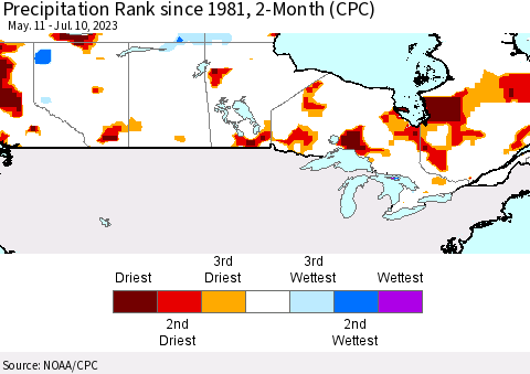 Canada Precipitation Rank since 1981, 2-Month (CPC) Thematic Map For 5/11/2023 - 7/10/2023
