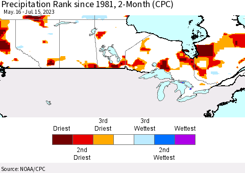Canada Precipitation Rank since 1981, 2-Month (CPC) Thematic Map For 5/16/2023 - 7/15/2023