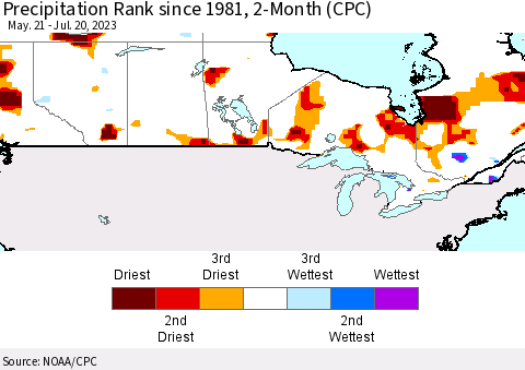 Canada Precipitation Rank since 1981, 2-Month (CPC) Thematic Map For 5/21/2023 - 7/20/2023