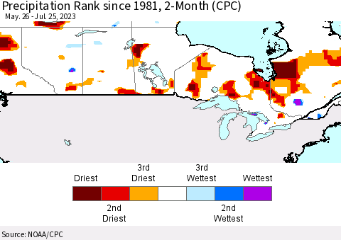 Canada Precipitation Rank since 1981, 2-Month (CPC) Thematic Map For 5/26/2023 - 7/25/2023