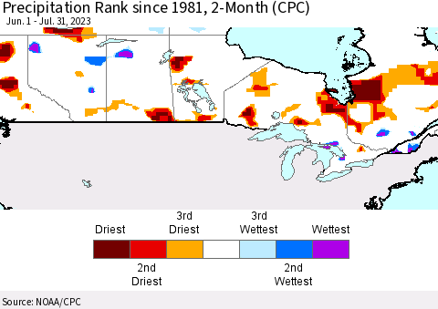 Canada Precipitation Rank since 1981, 2-Month (CPC) Thematic Map For 6/1/2023 - 7/31/2023