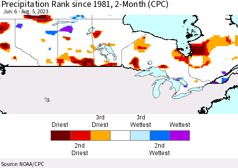 Canada Precipitation Rank since 1981, 2-Month (CPC) Thematic Map For 6/6/2023 - 8/5/2023