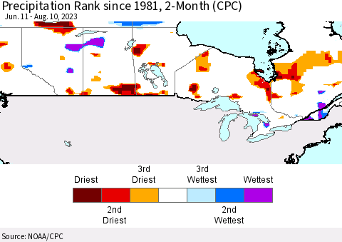 Canada Precipitation Rank since 1981, 2-Month (CPC) Thematic Map For 6/11/2023 - 8/10/2023