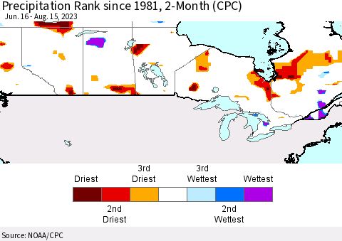 Canada Precipitation Rank since 1981, 2-Month (CPC) Thematic Map For 6/16/2023 - 8/15/2023