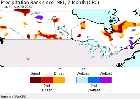 Canada Precipitation Rank since 1981, 2-Month (CPC) Thematic Map For 6/21/2023 - 8/20/2023