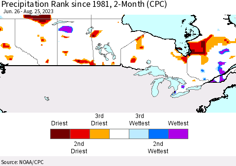 Canada Precipitation Rank since 1981, 2-Month (CPC) Thematic Map For 6/26/2023 - 8/25/2023