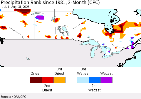 Canada Precipitation Rank since 1981, 2-Month (CPC) Thematic Map For 7/1/2023 - 8/31/2023