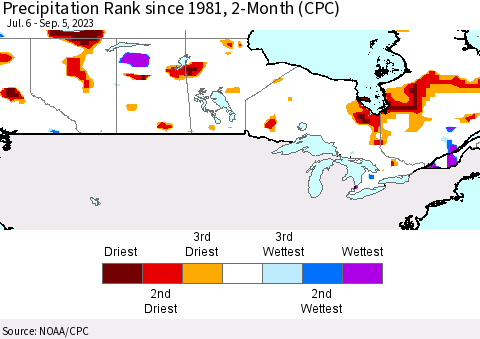 Canada Precipitation Rank since 1981, 2-Month (CPC) Thematic Map For 7/6/2023 - 9/5/2023