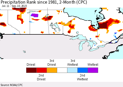 Canada Precipitation Rank since 1981, 2-Month (CPC) Thematic Map For 7/11/2023 - 9/10/2023