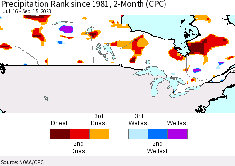 Canada Precipitation Rank since 1981, 2-Month (CPC) Thematic Map For 7/16/2023 - 9/15/2023